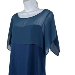 Antonio Melani Blouse Top Women's Large Blue Sheer Overlay Round Neck SS Layered